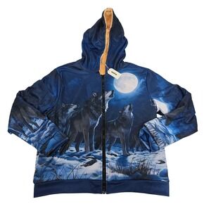 Ouku Mens XL‎ Wolf Howling at Moon 3D Graphic Zip Up Hoodie Sherpa Lined Blue